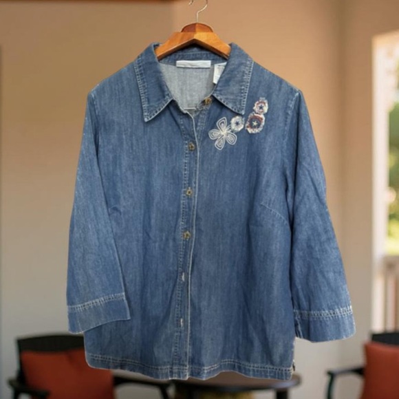 Liz Claiborne Denim Jacket - Tunic / shirt Button down embroidery Large - Picture 12 of 14